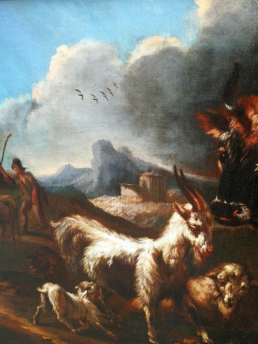 Paesaggio con scena agreste su cornice coeva attr.le a Peter Ross detto Rosa da Tivoli -photo-3