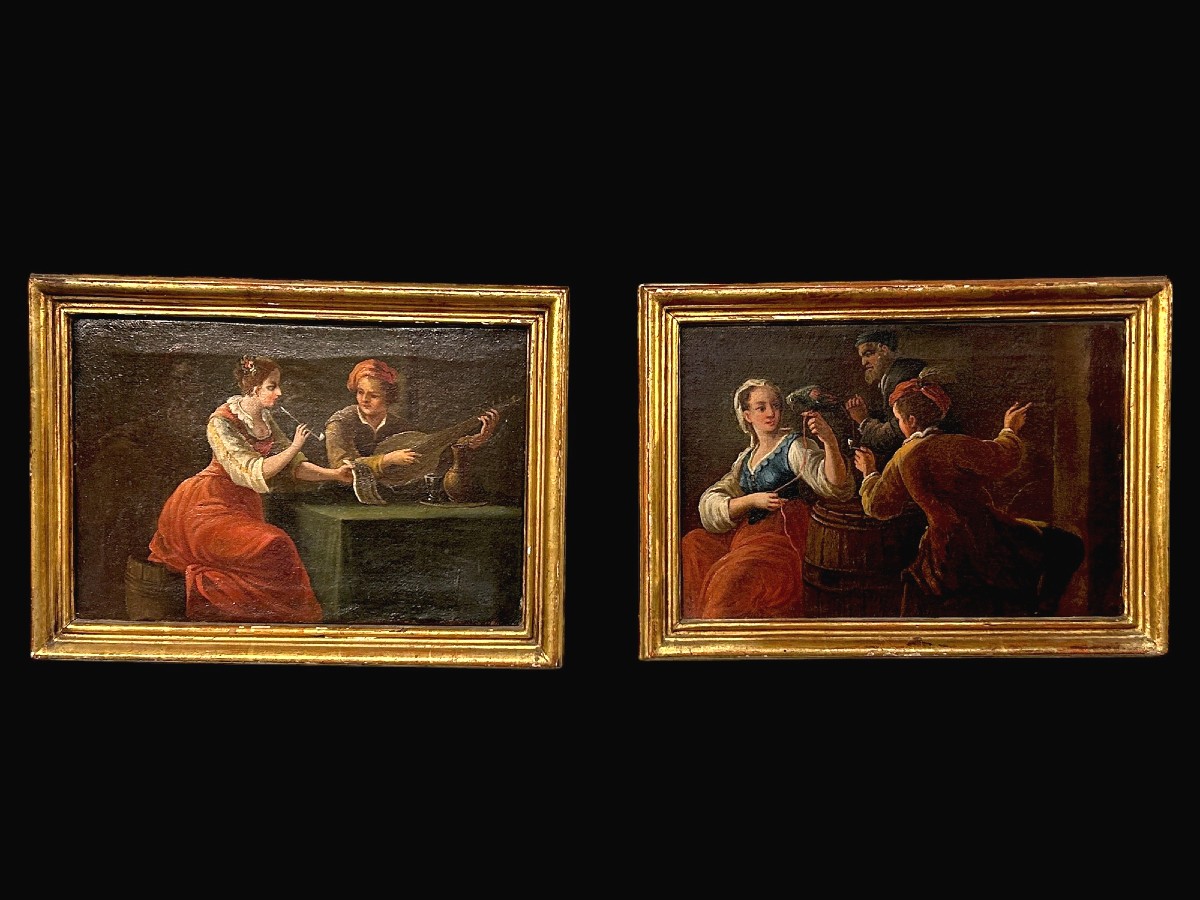 Coppia di dipinti con scene di gioco. Scuola piemontese del XVIII secolo.