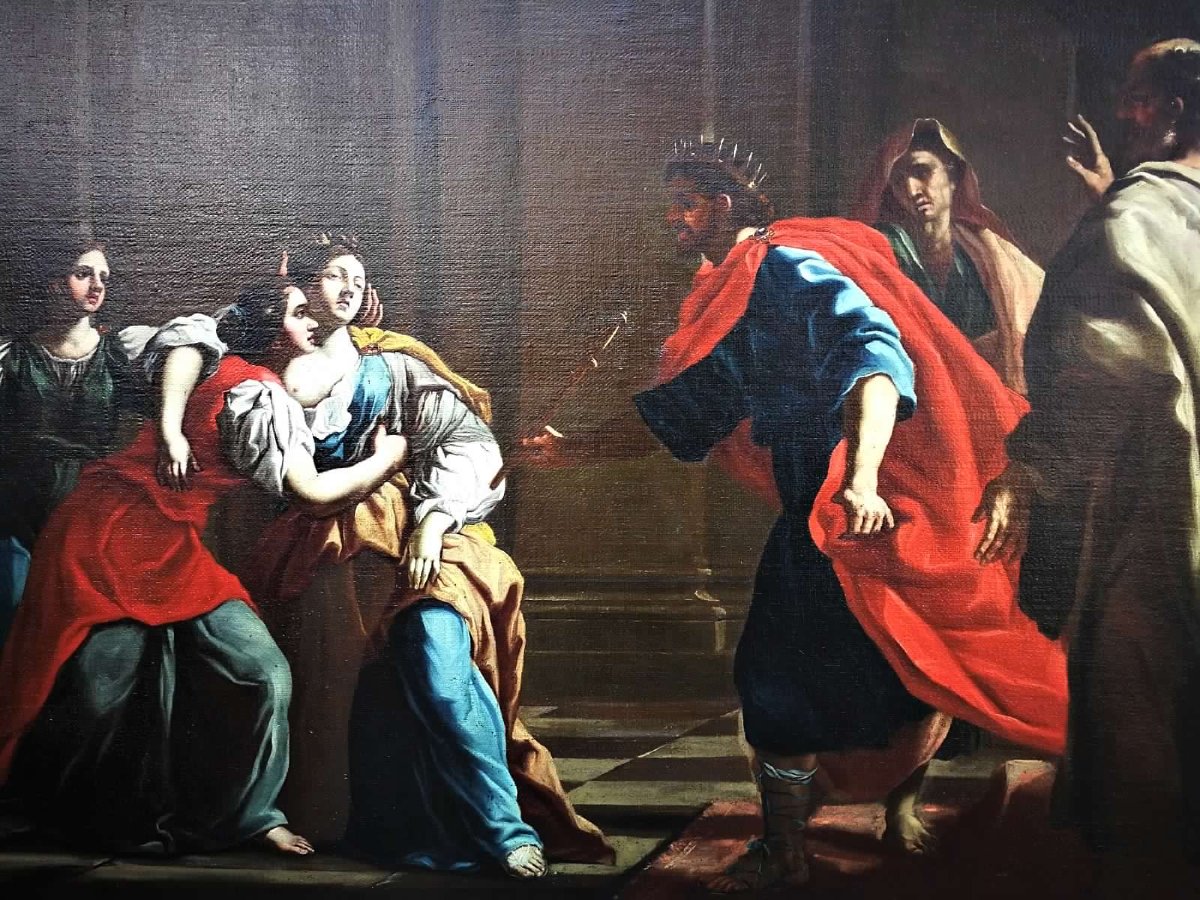 Ester e Assuero - Olio su tela della 2a metà del XVII secolo. Cornice romana sabbiata coeva.-photo-2