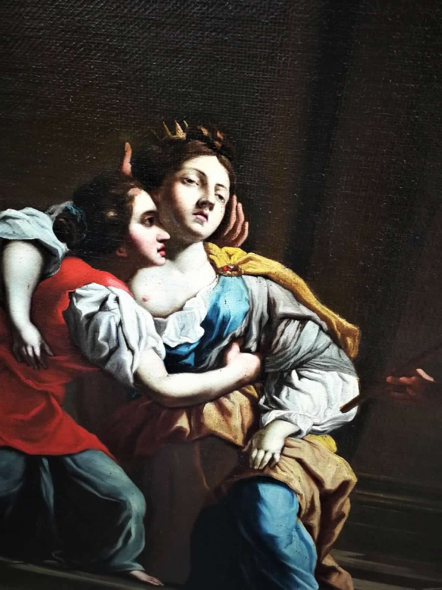 Ester e Assuero - Olio su tela della 2a metà del XVII secolo. Cornice romana sabbiata coeva.-photo-3