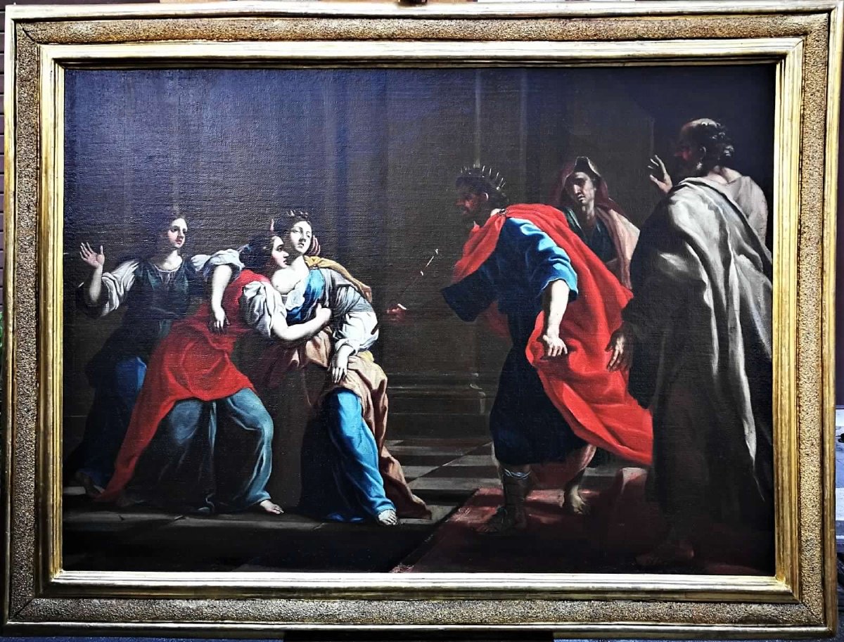 Ester e Assuero - Olio su tela della 2a metà del XVII secolo. Cornice romana sabbiata coeva.-photo-1