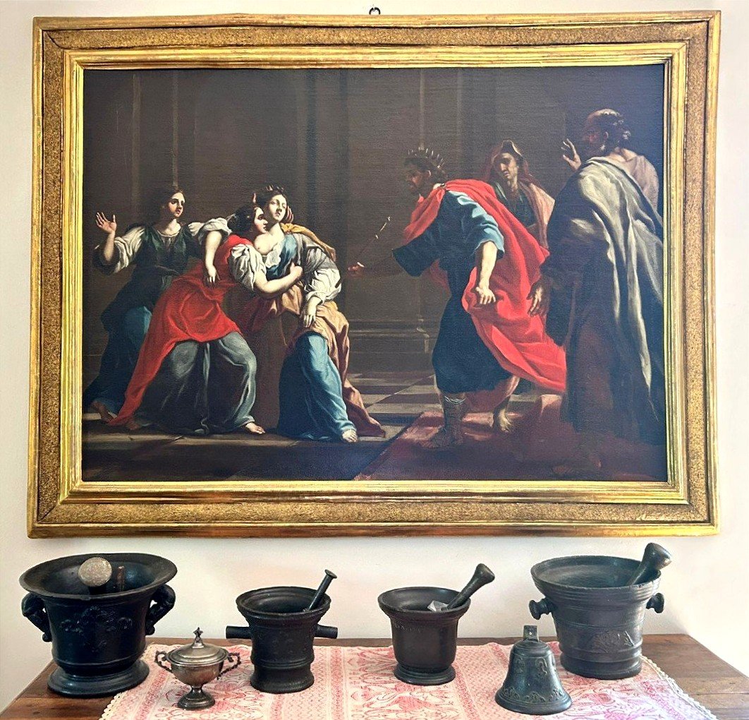 Ester e Assuero - Olio su tela della 2a metà del XVII secolo. Cornice romana sabbiata coeva.-photo-3