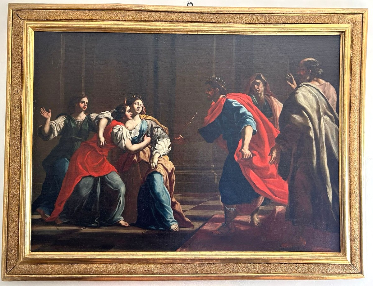 Ester e Assuero - Olio su tela della 2a metà del XVII secolo. Cornice romana sabbiata coeva.