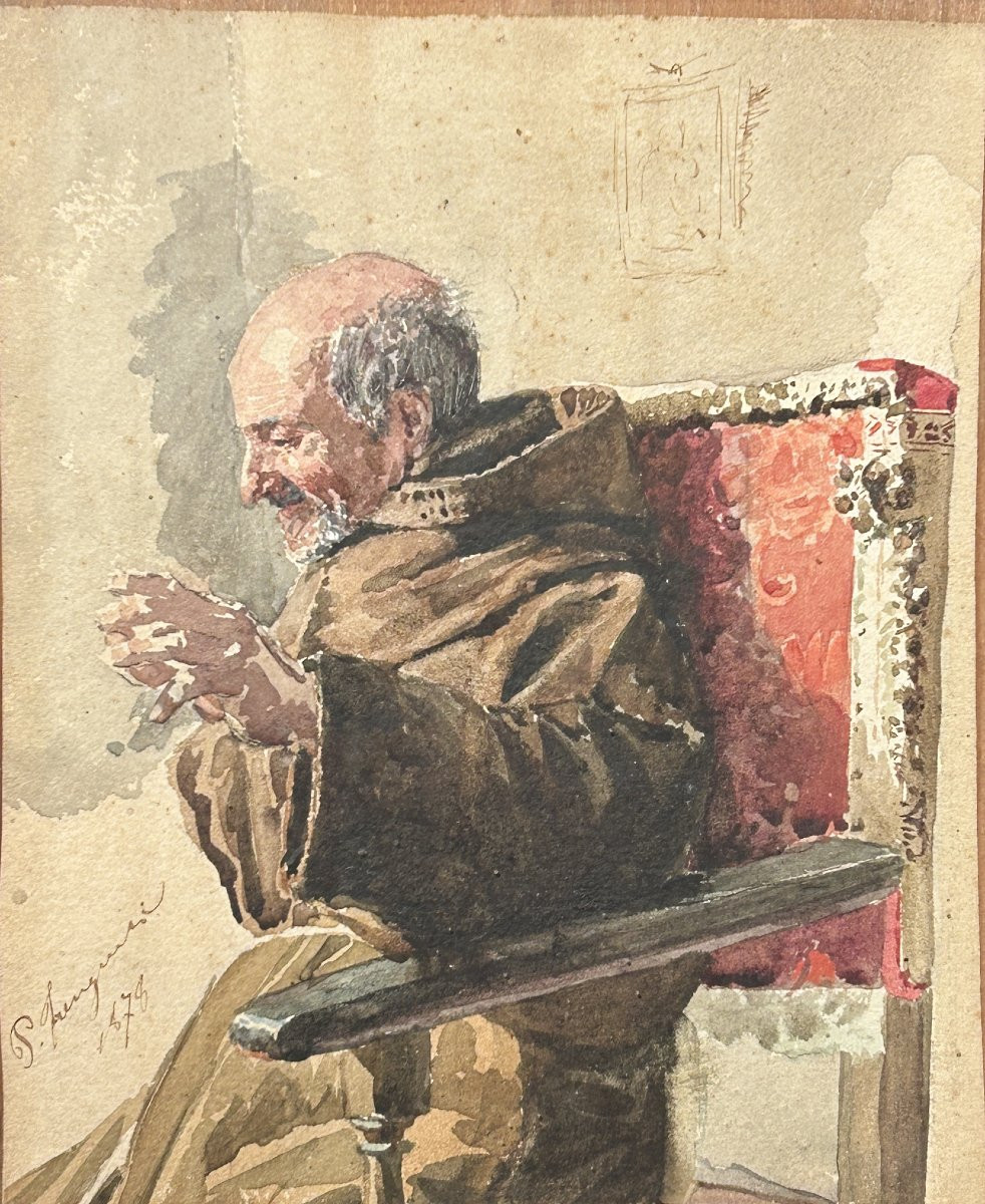Studio di frate, acquarello su carta datato 1878.-photo-2