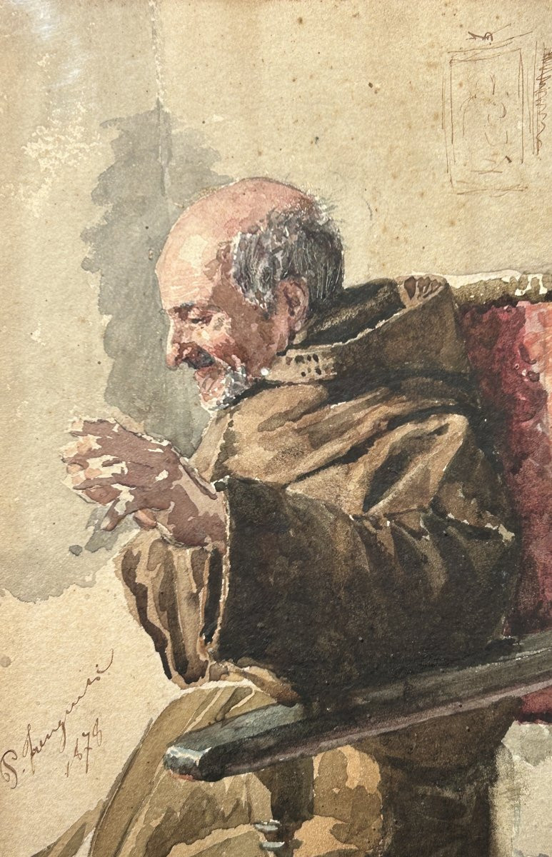 Studio di frate, acquarello su carta datato 1878.-photo-3