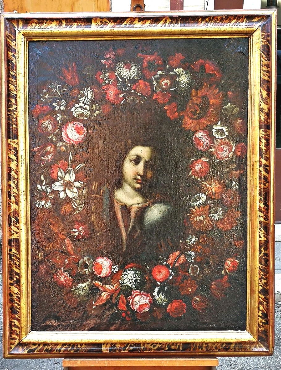 Salvator Mundi entro ghirlanda di fiori, dipinto a due mani di ambito umbro-laziale.