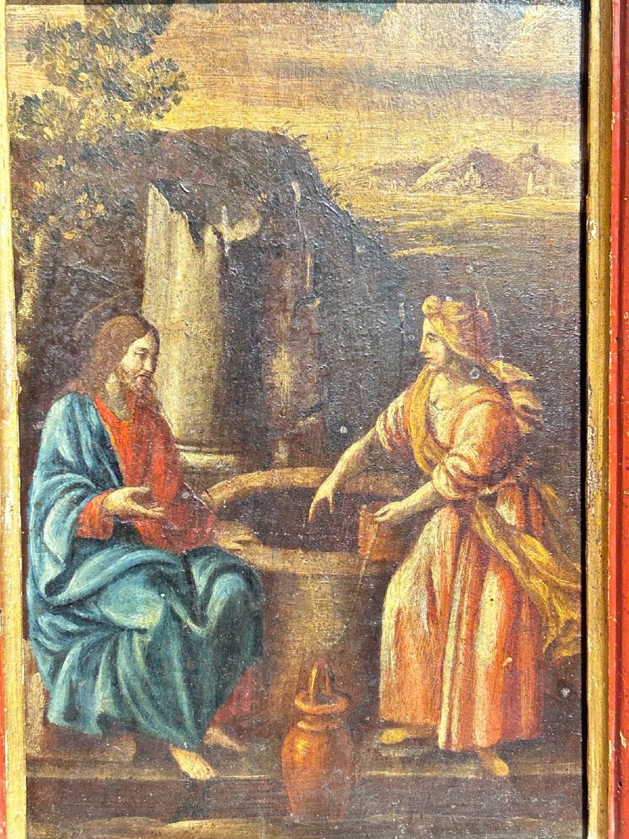 ''Samaritana al pozzo'', olio su tavola prima metà del XVII s. su cornice coeva in lacca rossa.-photo-2