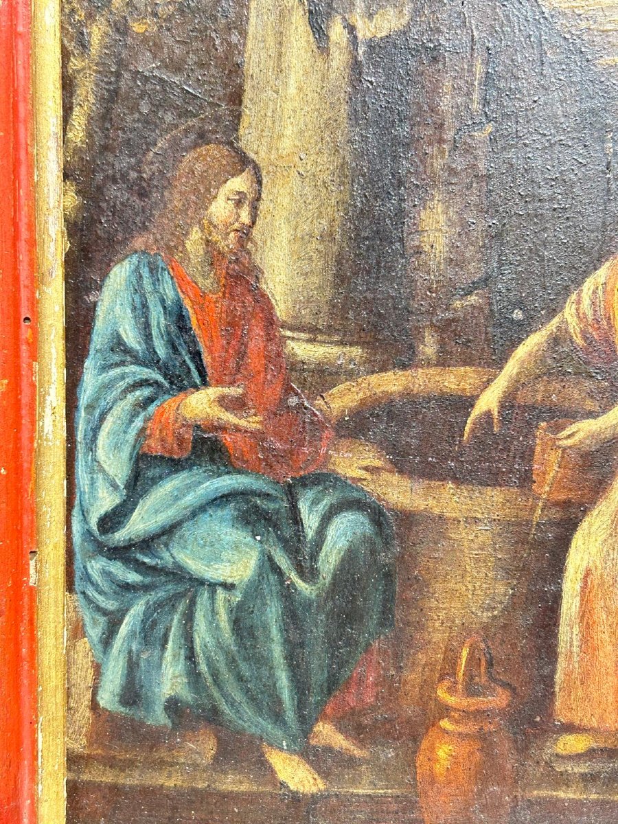 ''Samaritana al pozzo'', olio su tavola prima metà del XVII s. su cornice coeva in lacca rossa.-photo-3
