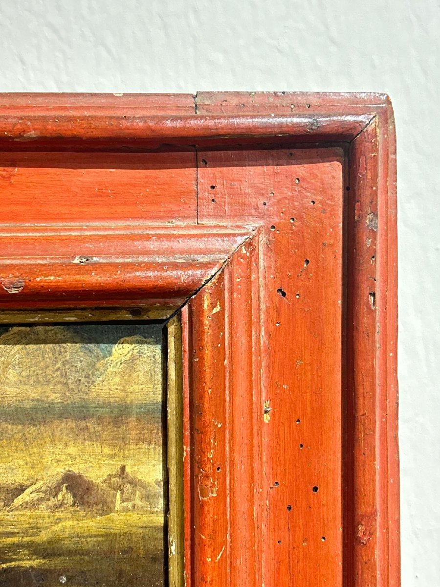 ''Samaritana al pozzo'', olio su tavola prima metà del XVII s. su cornice coeva in lacca rossa.-photo-4