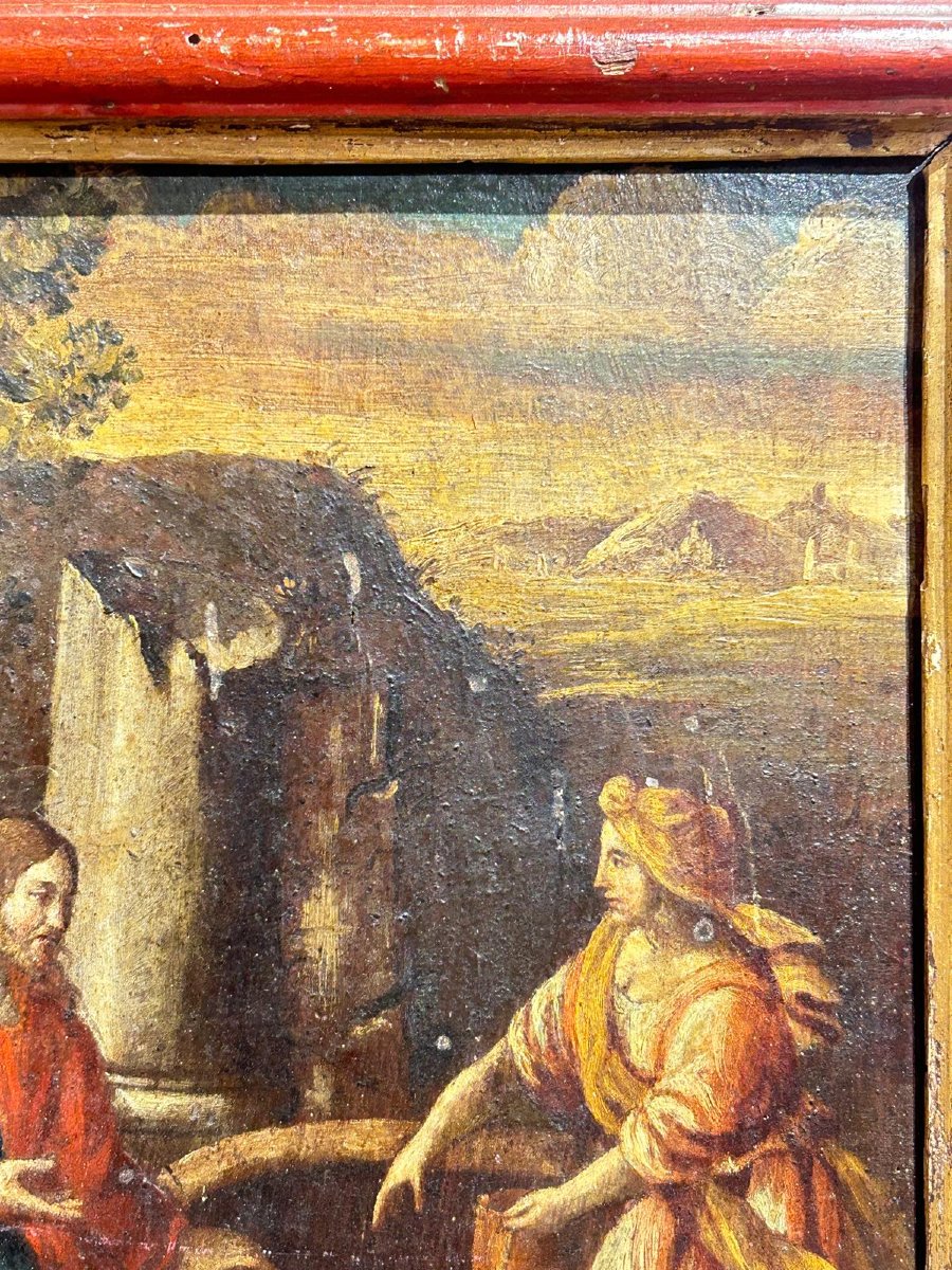 ''Samaritana al pozzo'', olio su tavola prima metà del XVII s. su cornice coeva in lacca rossa.-photo-1