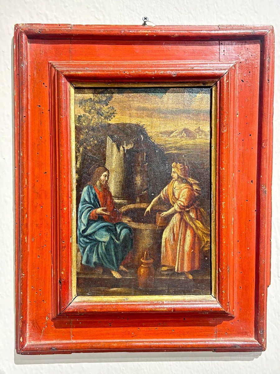 ''Samaritana al pozzo'', olio su tavola prima metà del XVII s. su cornice coeva in lacca rossa.-photo-2