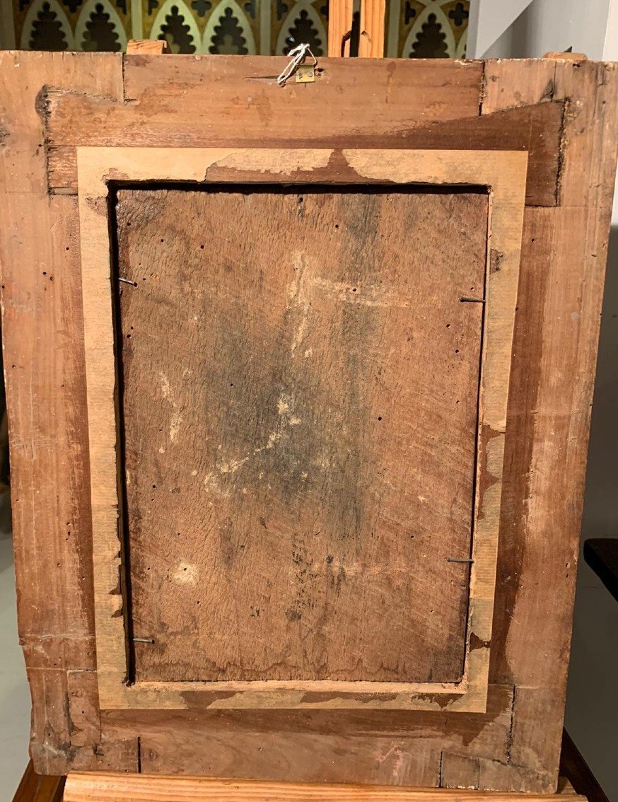 ''Samaritana al pozzo'', olio su tavola prima metà del XVII s. su cornice coeva in lacca rossa.-photo-3