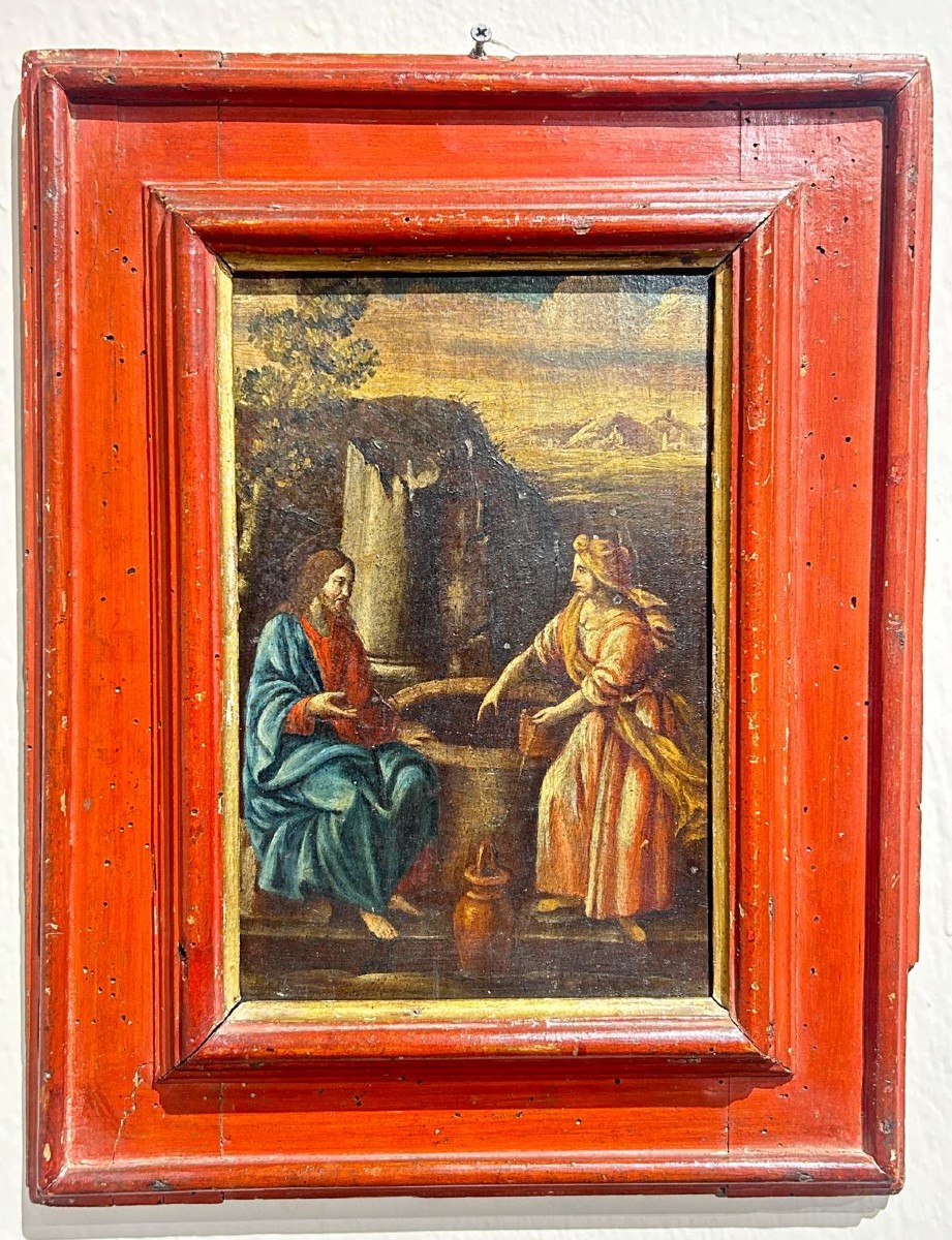 ''Samaritana al pozzo'', olio su tavola prima metà del XVII s. su cornice coeva in lacca rossa.