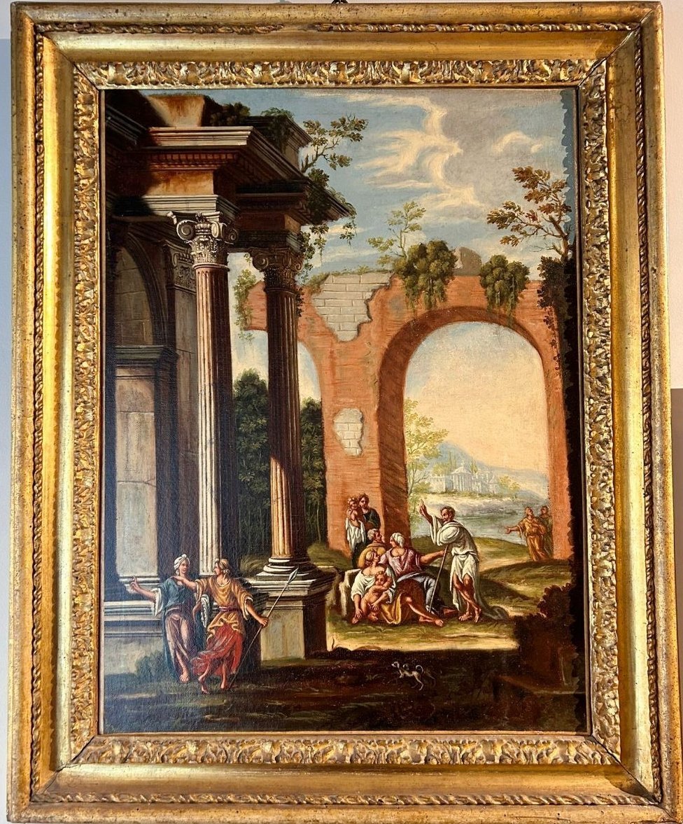 Coppia di capricci architettonici con scene bibliche e cornici romane coeve.-photo-2