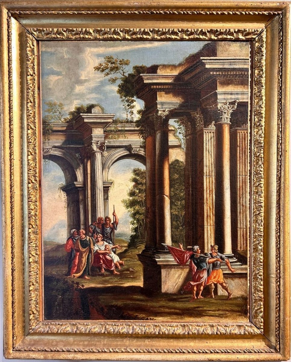 Coppia di capricci architettonici con scene bibliche e cornici romane coeve.-photo-3