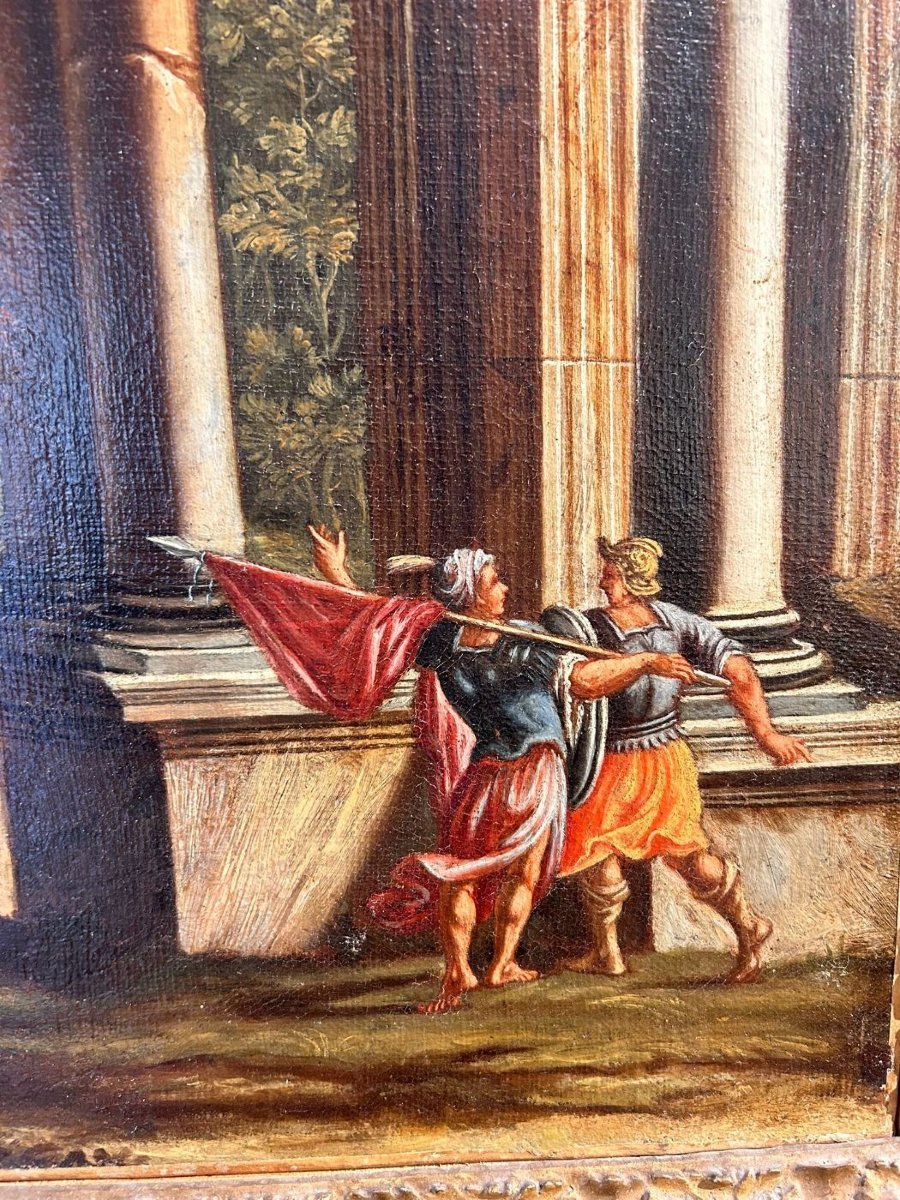 Coppia di capricci architettonici con scene bibliche e cornici romane coeve.-photo-1