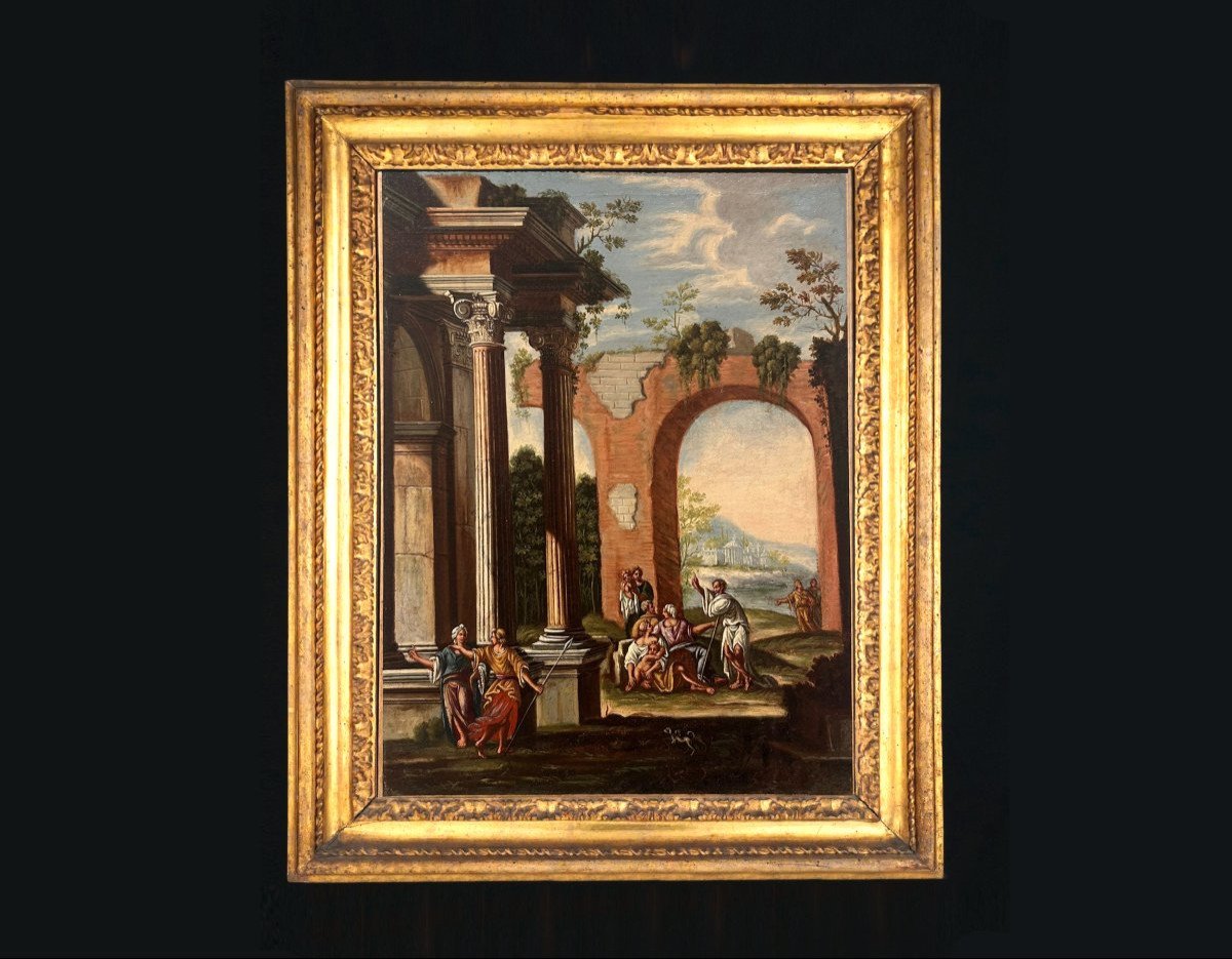 Coppia di capricci architettonici con scene bibliche e cornici romane coeve.-photo-2
