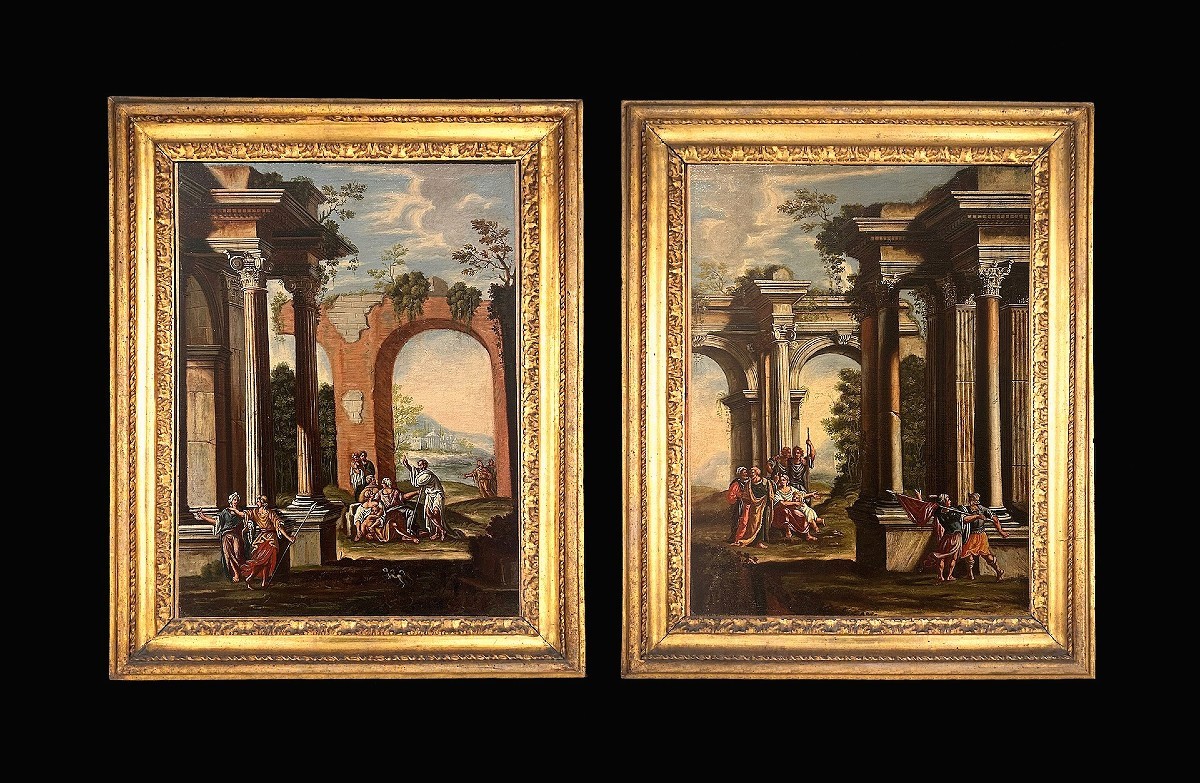 Coppia di capricci architettonici con scene bibliche e cornici romane coeve.