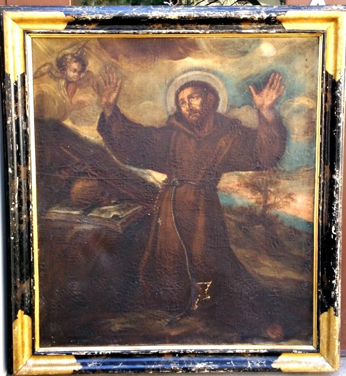 San Francesco in estasi, olio su tela della prima metà del seicento su cornice coeva.-photo-4