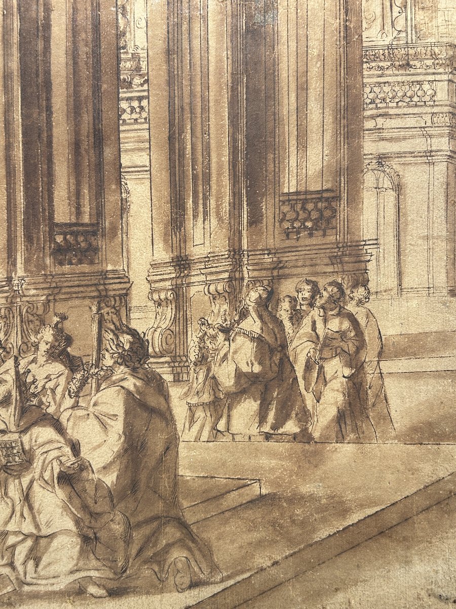 Disegno preparatorio ad inchiostro su carta. Quadraturista settentrionale del XVIII secolo.-photo-3