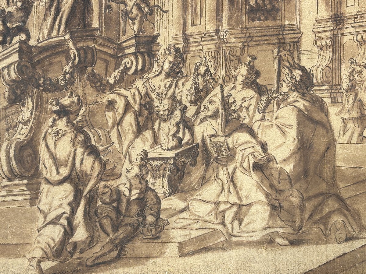 Disegno preparatorio ad inchiostro su carta. Quadraturista settentrionale del XVIII secolo.-photo-1