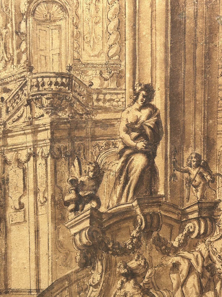 Disegno preparatorio ad inchiostro su carta. Quadraturista settentrionale del XVIII secolo.-photo-3