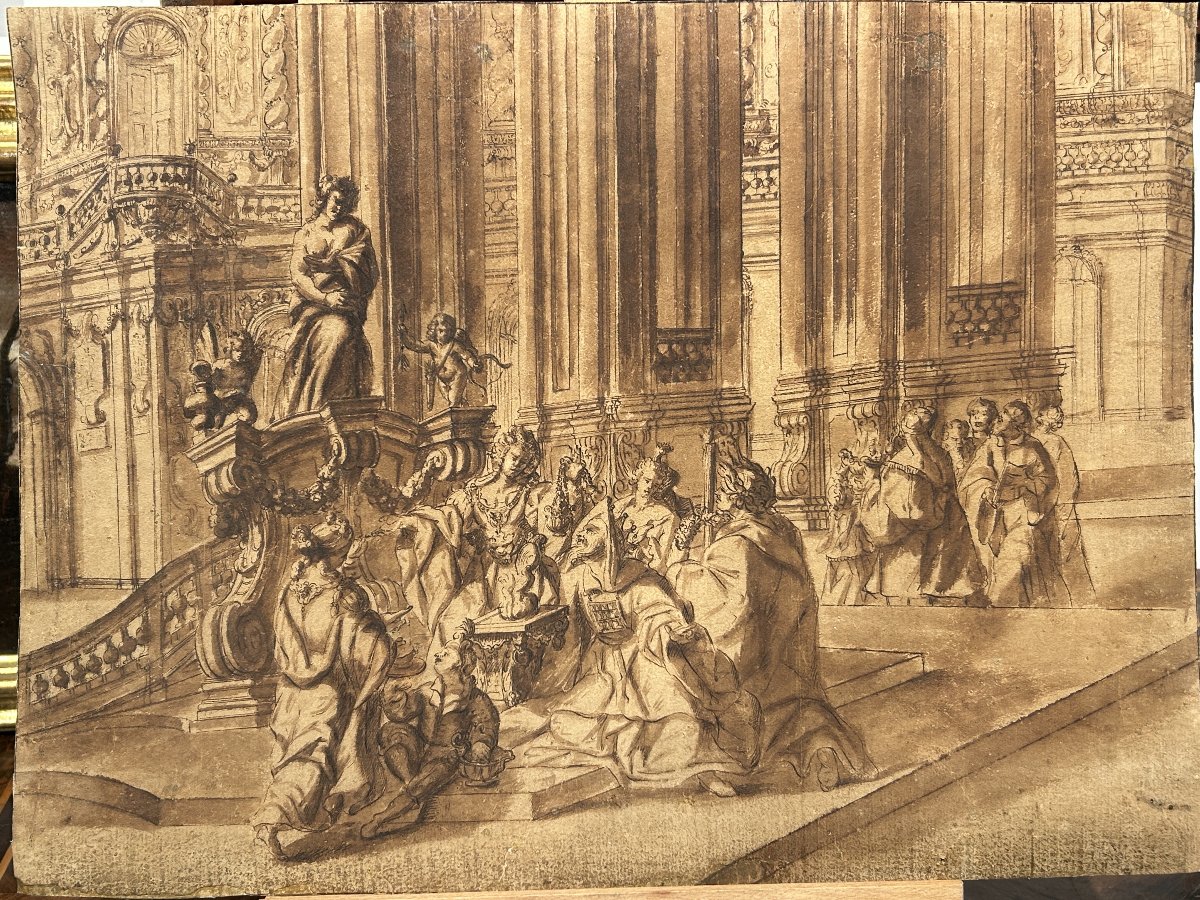 Disegno preparatorio ad inchiostro su carta. Quadraturista settentrionale del XVIII secolo.