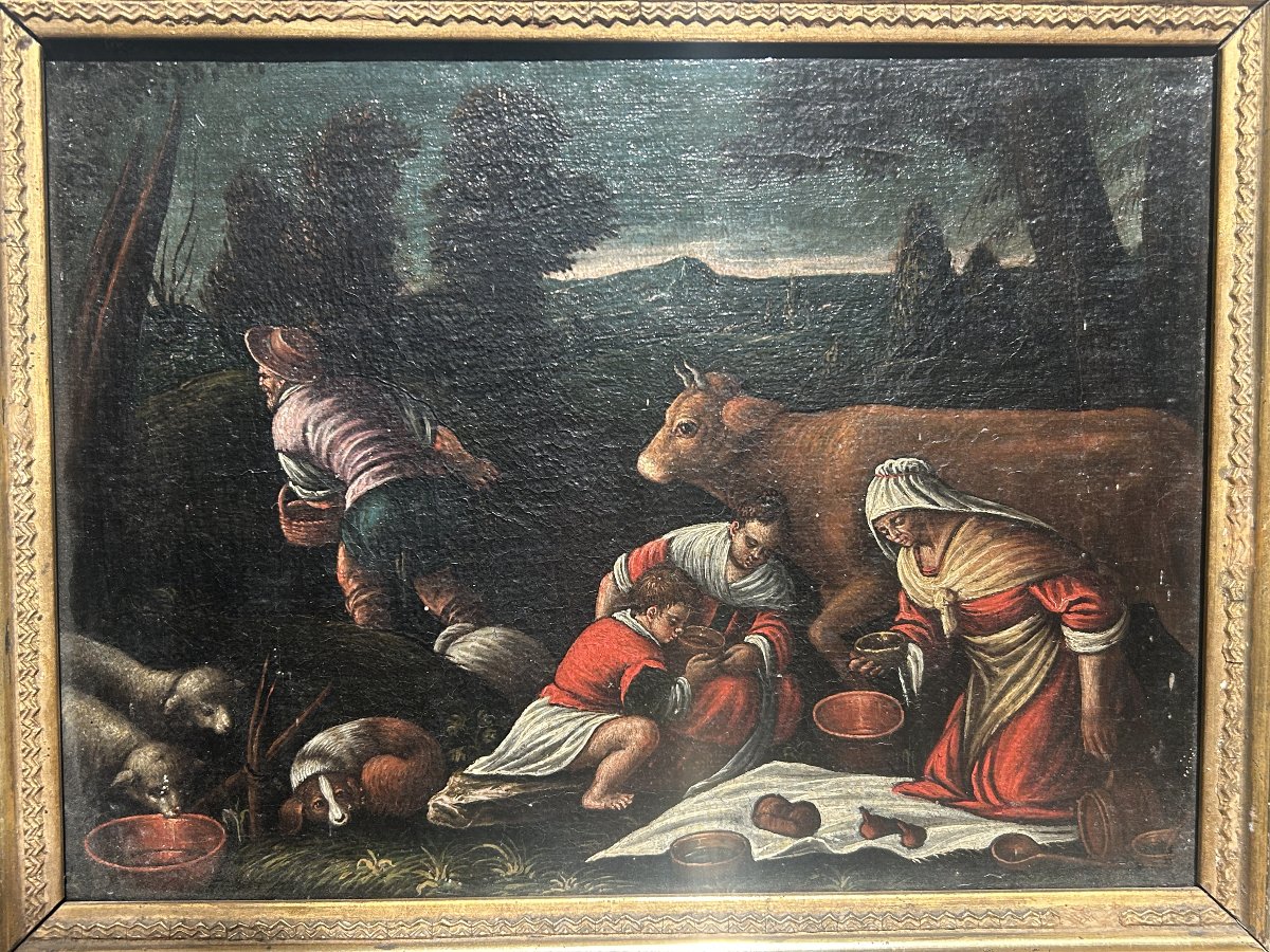 Coppia di tele della scuola dei Bassano in cornici antiche-photo-2