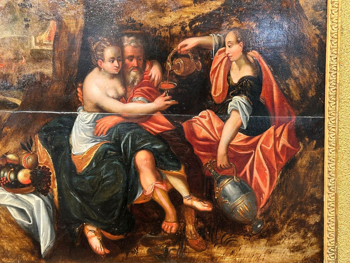 Lot e le figlie. Affascinante olio su tavola di scuola Fiamminga fine XVI- primi XVII secolo.-photo-2