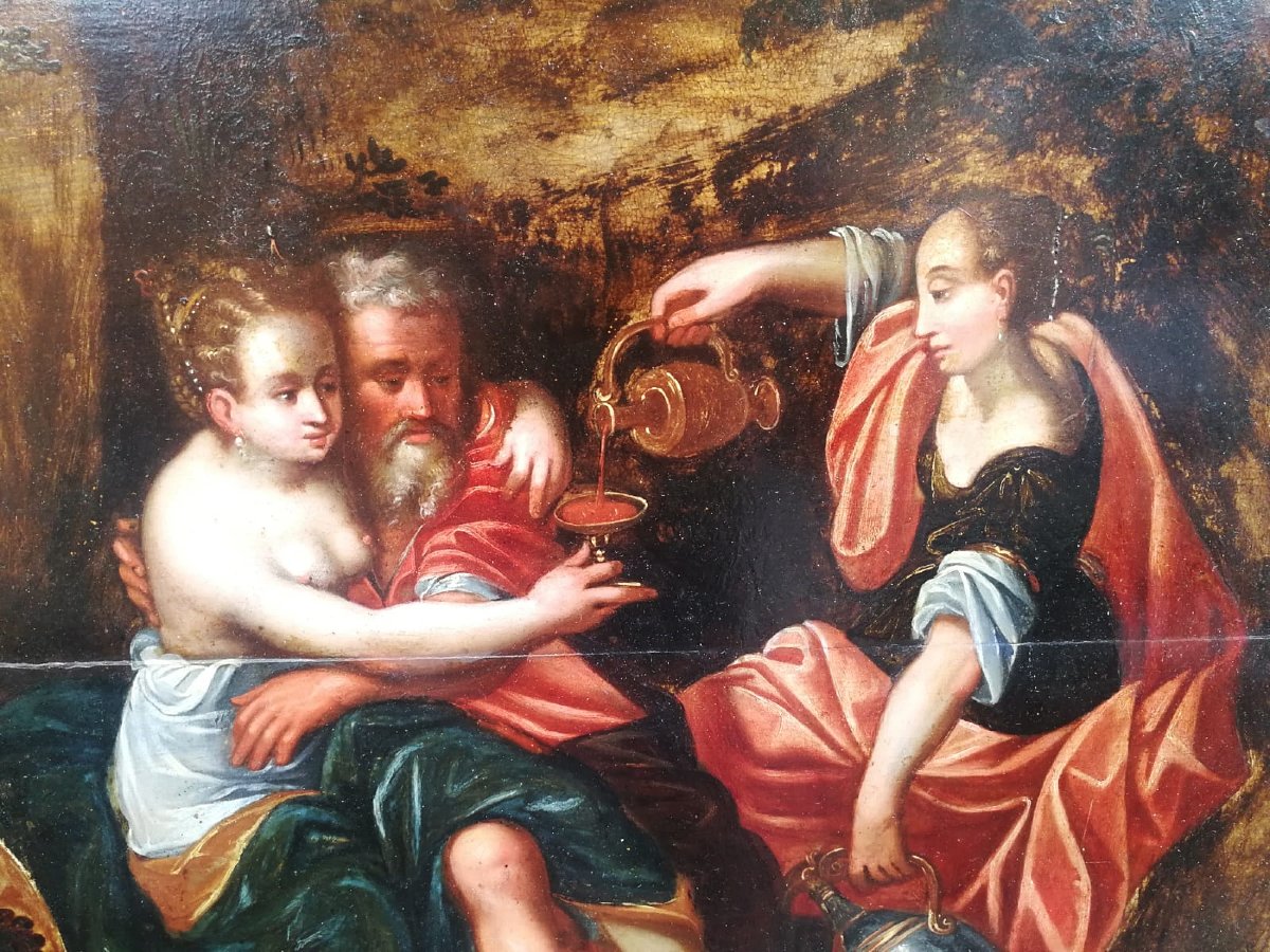 Lot e le figlie. Affascinante olio su tavola di scuola Fiamminga fine XVI- primi XVII secolo.-photo-2