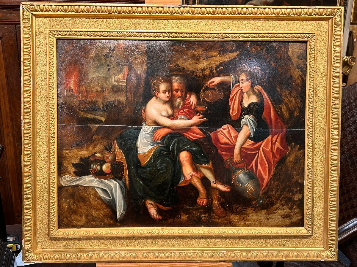 Lot e le figlie. Affascinante olio su tavola di scuola Fiamminga fine XVI- primi XVII secolo.
