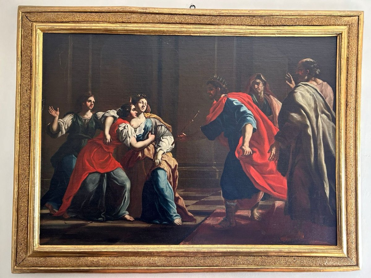 Ester e Assuero - Olio su tela della 2a metà del XVII secolo. Cornice romana sabbiata coeva.