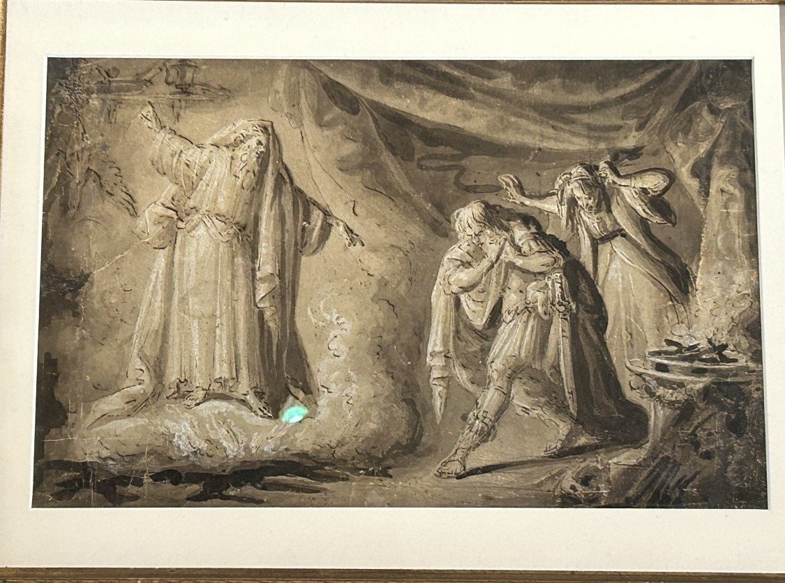 Saul e la strega di Endor, inchiostro e biacca su carta. Artista nordico del XVII secolo.-photo-2