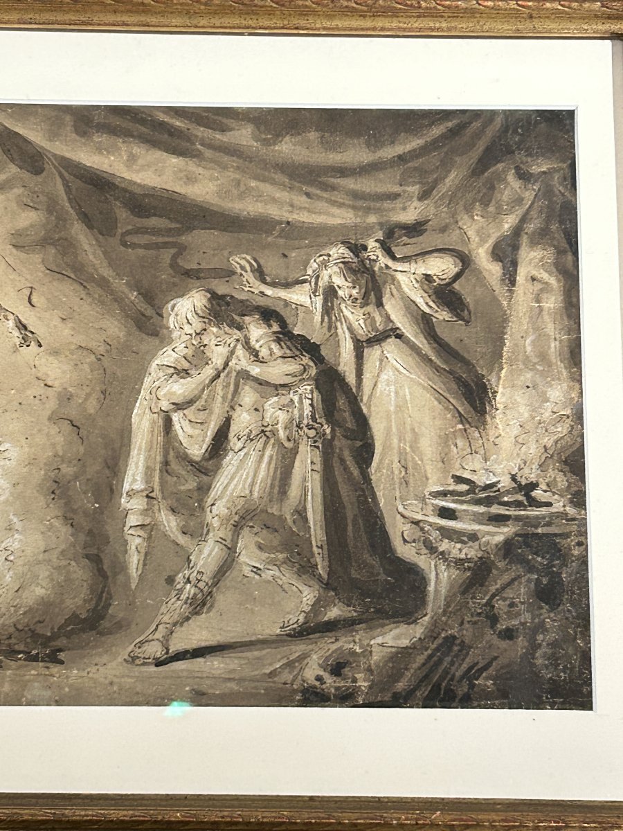 Saul e la strega di Endor, inchiostro e biacca su carta. Artista nordico del XVII secolo.-photo-3
