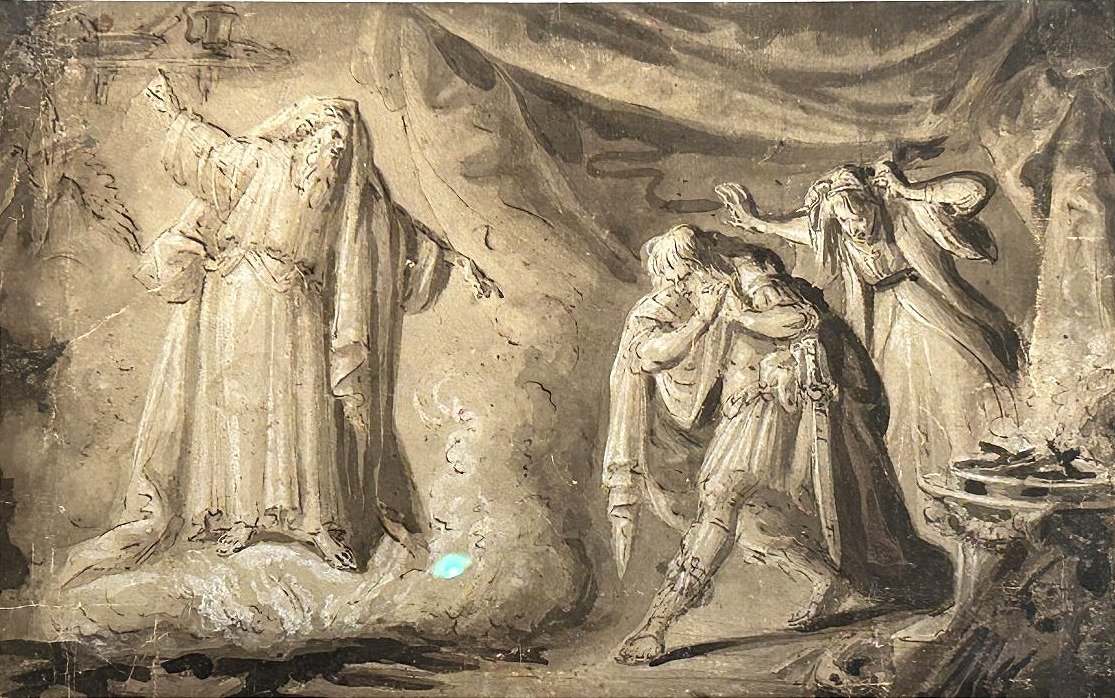 Saul e la strega di Endor, inchiostro e biacca su carta. Artista nordico del XVII secolo.-photo-1