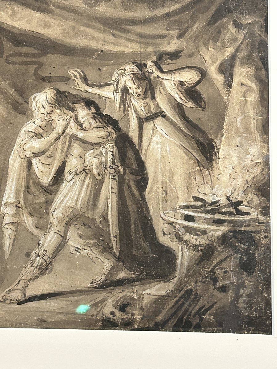 Saul e la strega di Endor, inchiostro e biacca su carta. Artista nordico del XVII secolo.-photo-2