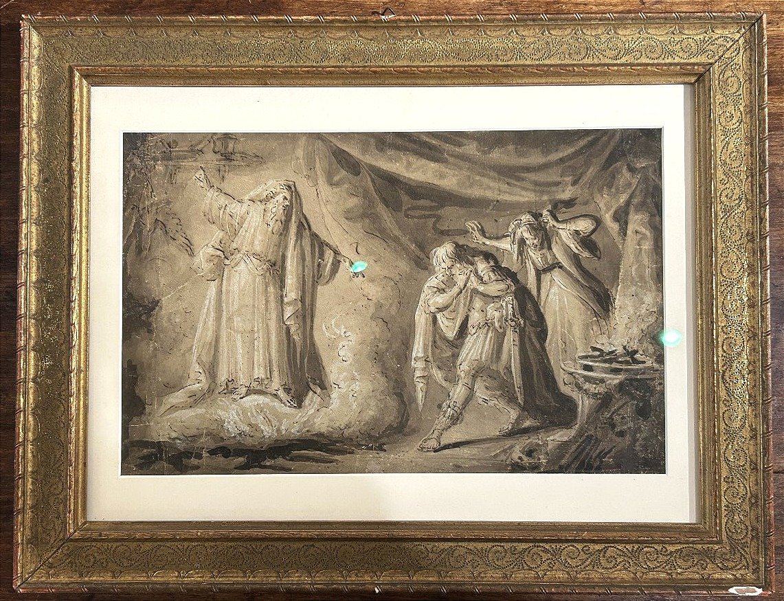 Saul e la strega di Endor, inchiostro e biacca su carta. Artista nordico del XVII secolo.