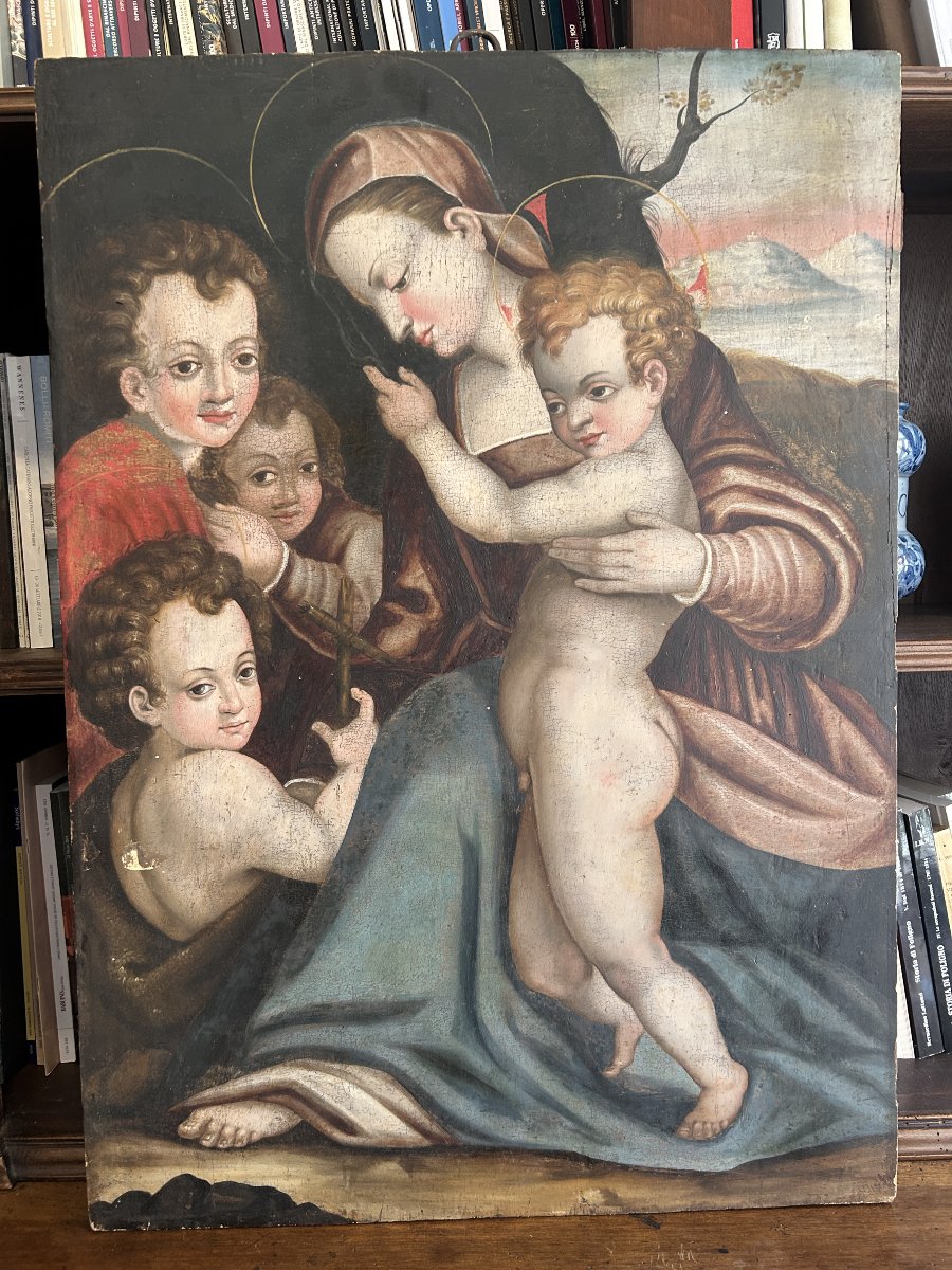 Olio su tavola raffigurante sacra famiglia della metà del XVI secolo, Italia centrale.-photo-2