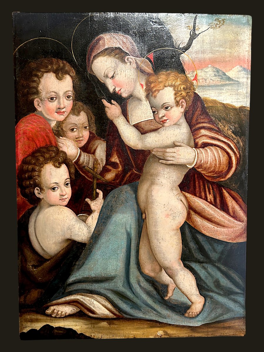 Olio su tavola raffigurante sacra famiglia della metà del XVI secolo, Italia centrale.