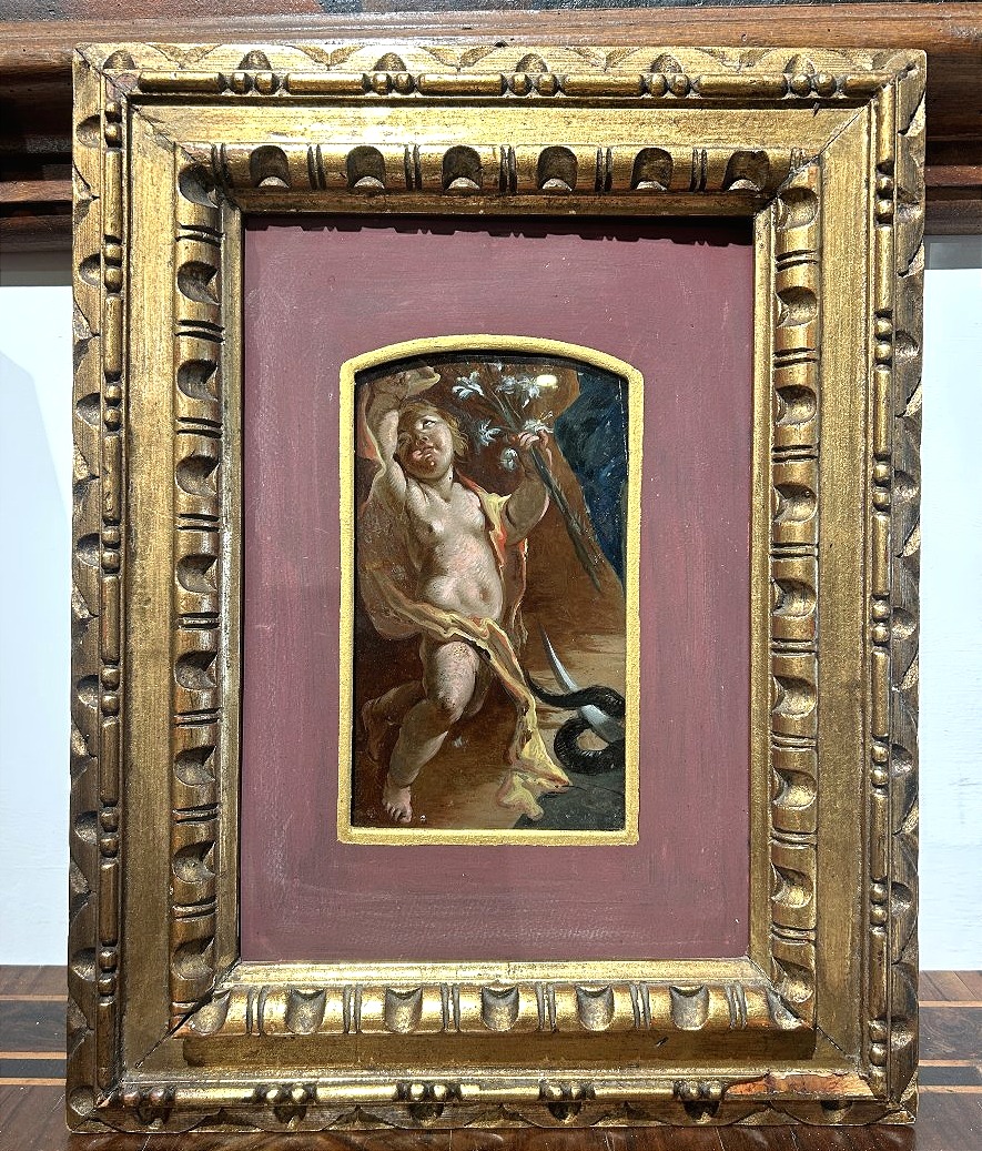 Pittura su vetro, frammento con putto da un'immacolata concezione. Napoli, primi '700.-photo-2