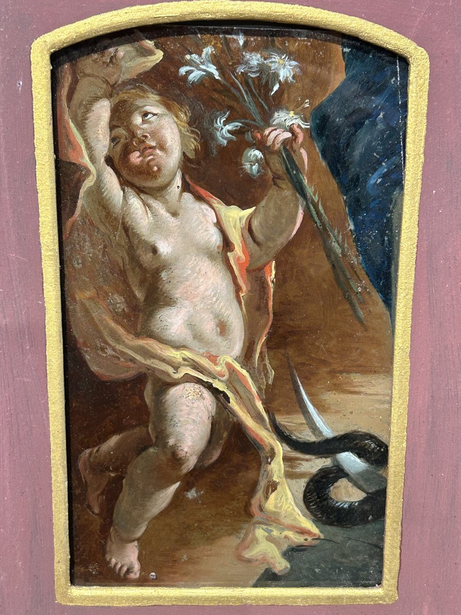 Pittura su vetro, frammento con putto da un'immacolata concezione. Napoli, primi '700.-photo-3