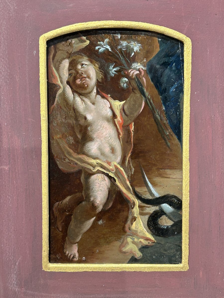 Pittura su vetro, frammento con putto da un'immacolata concezione. Napoli, primi '700.
