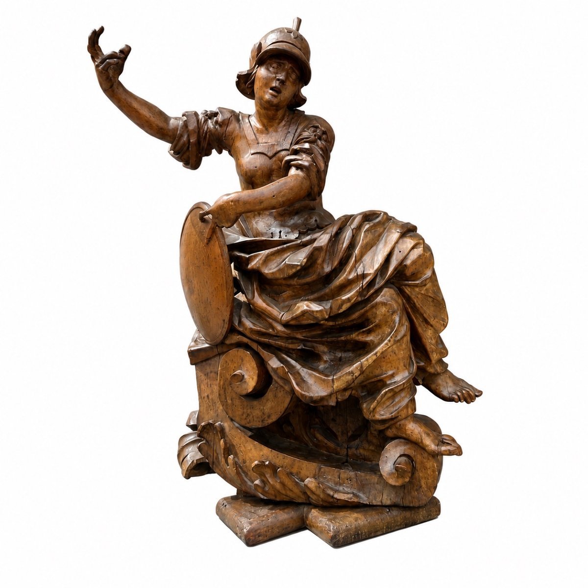 Allegoria della Sapienza o Minerva in legno finemente intagliato. Roma, 2a metà del XVIIs.