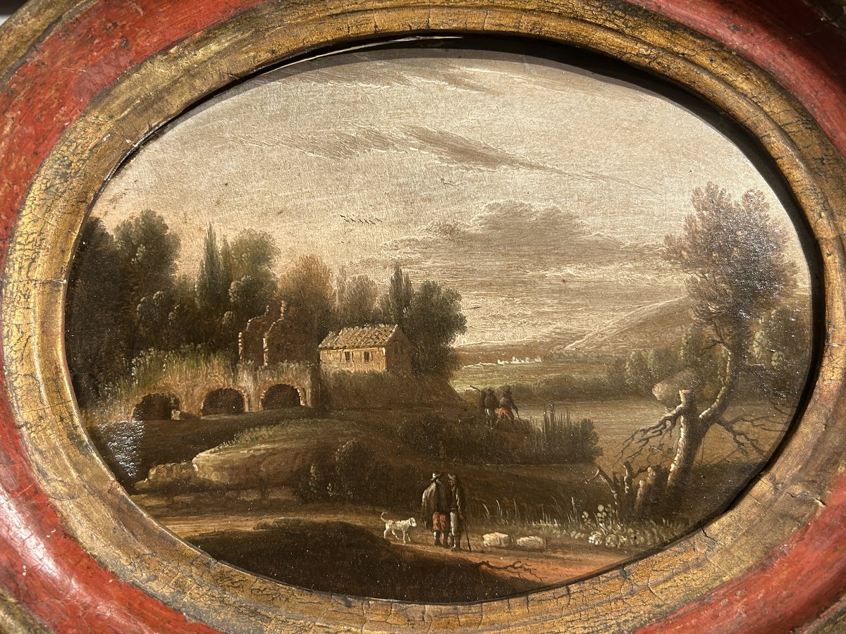 Coppia di paesaggi con scene agresti, olii su tavola del XVII sec.-photo-3