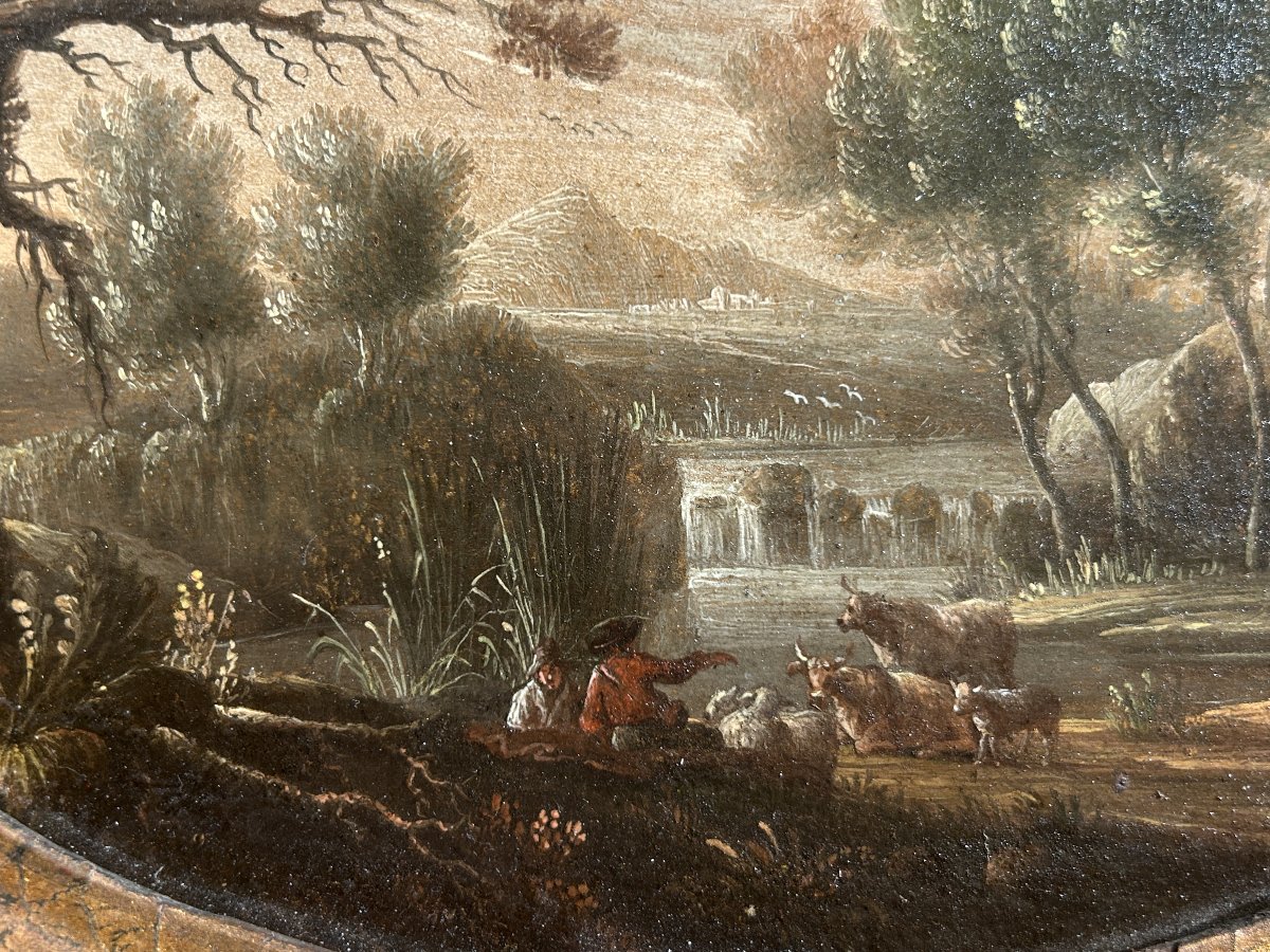 Coppia di paesaggi con scene agresti, olii su tavola del XVII sec.-photo-1