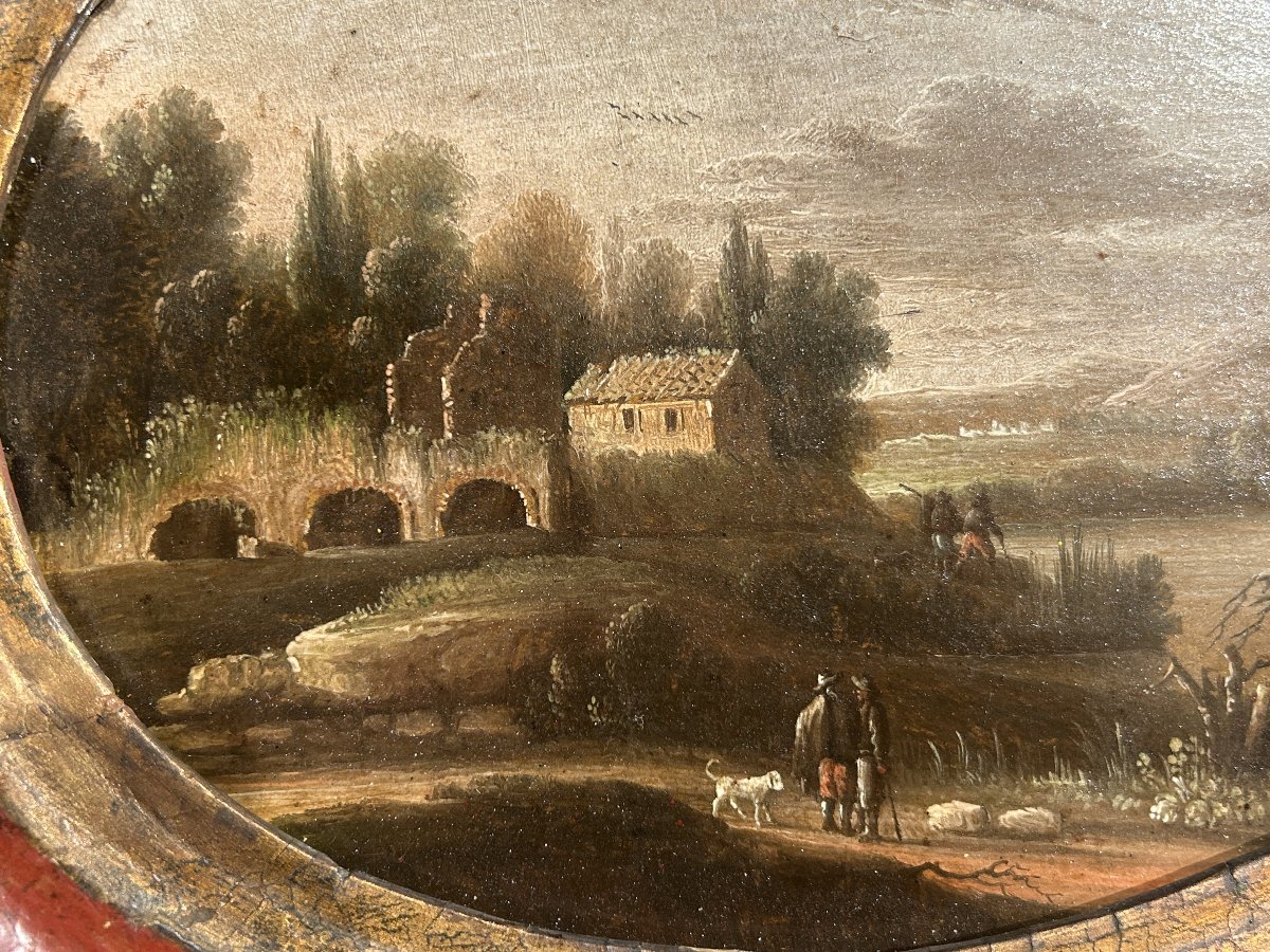 Coppia di paesaggi con scene agresti, olii su tavola del XVII sec.-photo-3