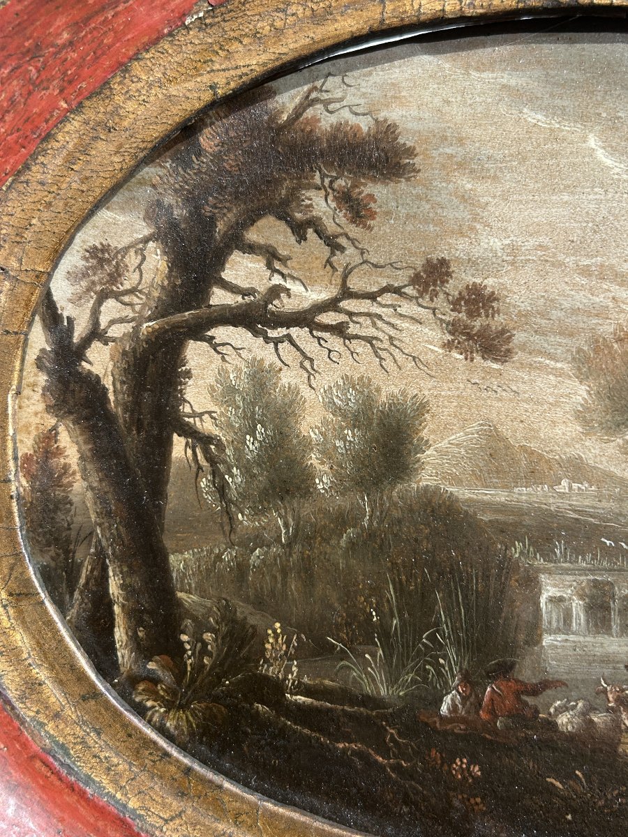 Coppia di paesaggi con scene agresti, olii su tavola del XVII sec.-photo-5