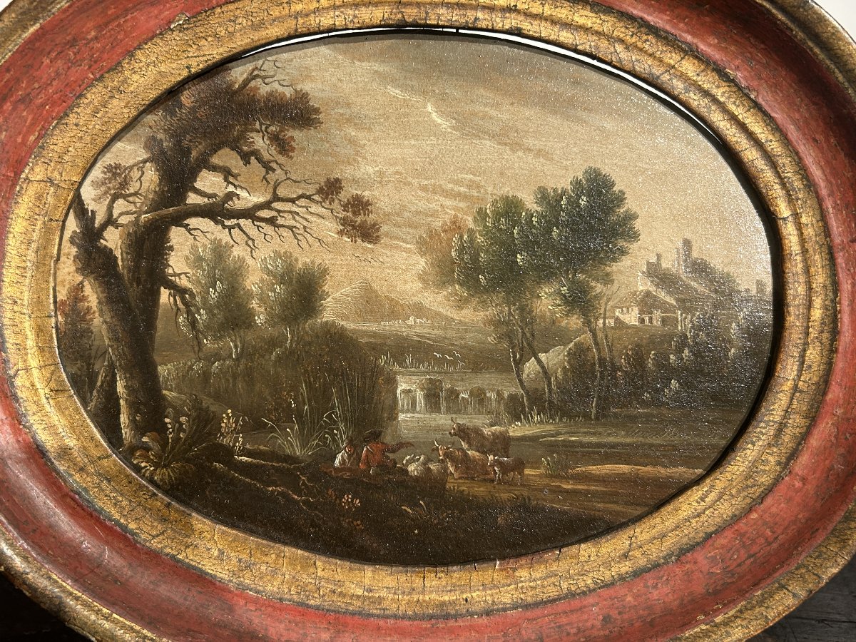 Coppia di paesaggi con scene agresti, olii su tavola del XVII sec.-photo-6