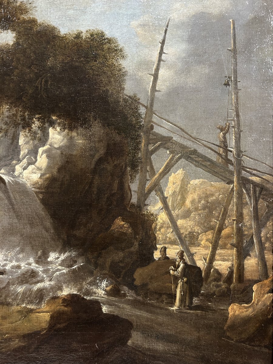Paesaggio con cascata e personaggi, olio su tela del XVIIsecolo in cornice coeva.-photo-2