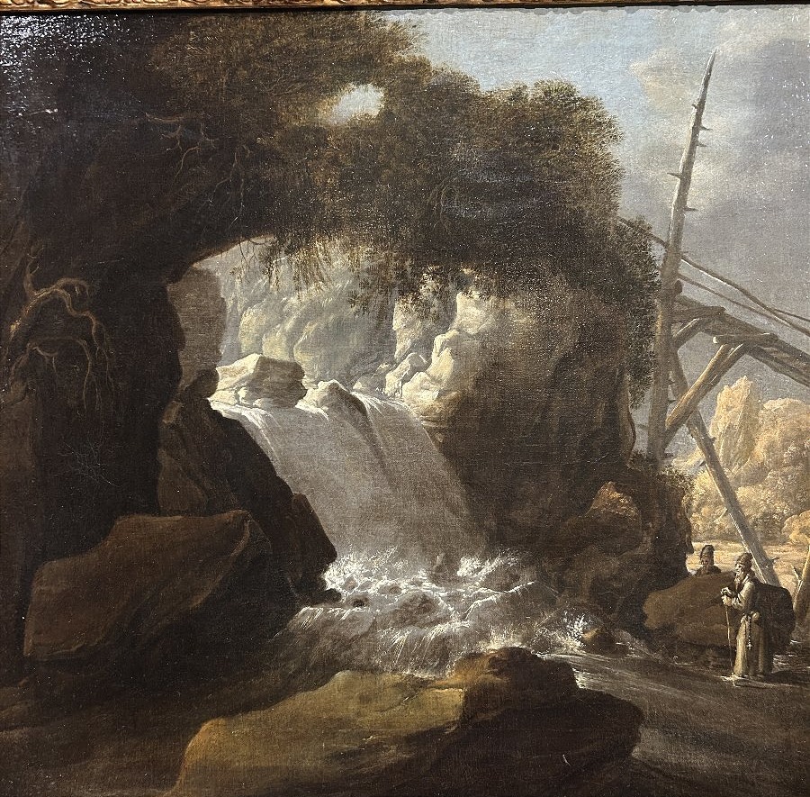Paesaggio con cascata e personaggi, olio su tela del XVIIsecolo in cornice coeva.-photo-3
